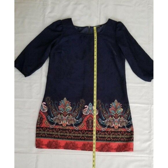Bebop Women's Navy Blue/Multicolor 3/4 Sleeve Paisley Print Shift Dress Sz Large - Picture 14 of 14